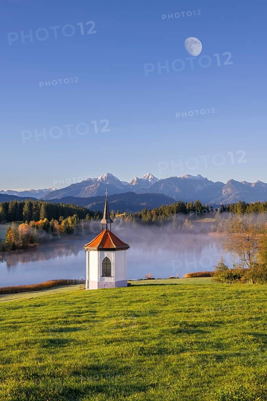 Photomontage, chapel at Hegratsrieder See, near Füssen, moon, Allgäu Alps, Allgäu, Bavaria, Germany, Europe