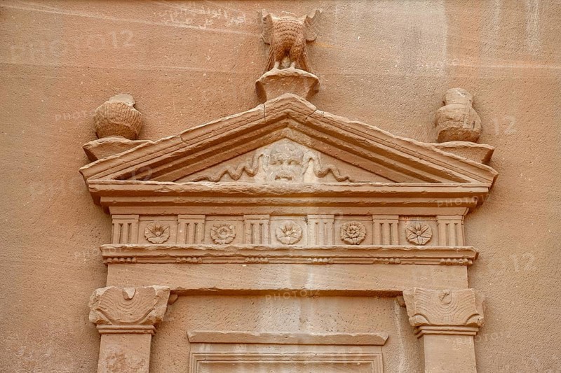 Detail of a Nabataean tomb at the rock Qasr Al-Bint, Hegra or Madain Salih, AlUla region, Medina province, Saudi Arabia, Arabian Peninsula, Asia