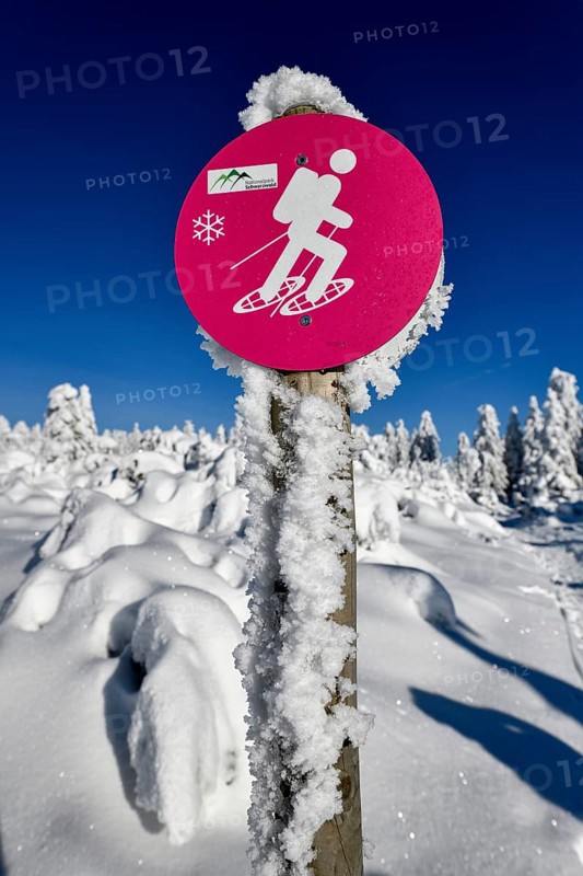 Sign snowshoe hiking trail near the Vogelskopf, near Baiersbronn, county Freudenstadt, Black Forest, Baden-Württemberg, Germany, Europe