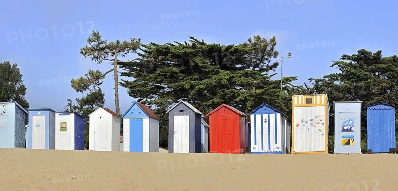 Colourful beach cabins at Saint-Denis-d'Oléron on the island Ile d'Oléron, Charente-Maritime, France, Europe