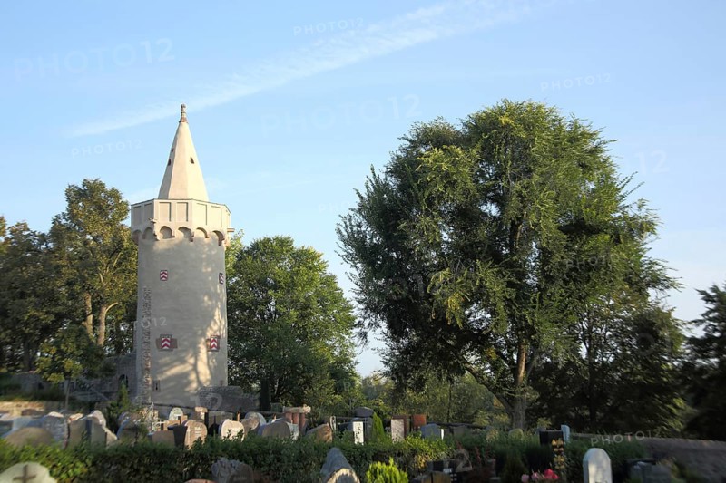 Cemetery with historic fortified defence tower, Seligenstadt, Main, Hesse, Germany, Europe