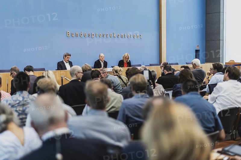 Olaf Scholz (SPD), Federal Chancellor, recorded at a federal press conference on current domestic and foreign policy issues Berlin, 14.07.2023., Berlin, Germany, Europe