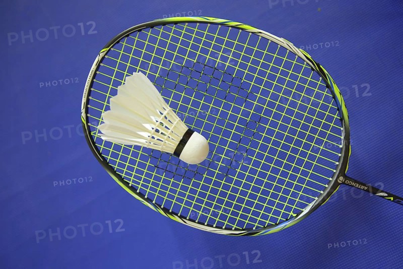 Badminton racket with shuttlecock, sport, badminton, sports equipment, racket, blue, white, studio shot