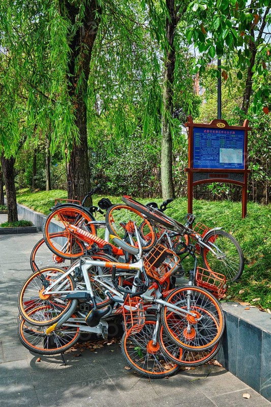 CHENGDU, CHINA, APRIL 15, 2018: Mobike bikes for share parked in Chengdu, Sichuan, China, Asia