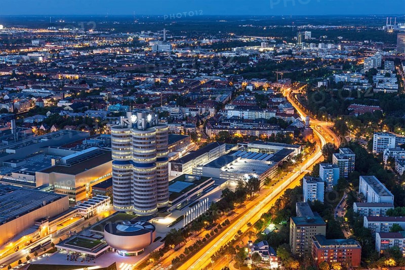 MUNICH, GERMANY, MAY 11: Aerial view of BMW Museum & BWM Welt & factory from Olympic Tower in the evening on May 11, 2012 in Munich, Bavaria, Germany. BMW is famous German luxury car automaker