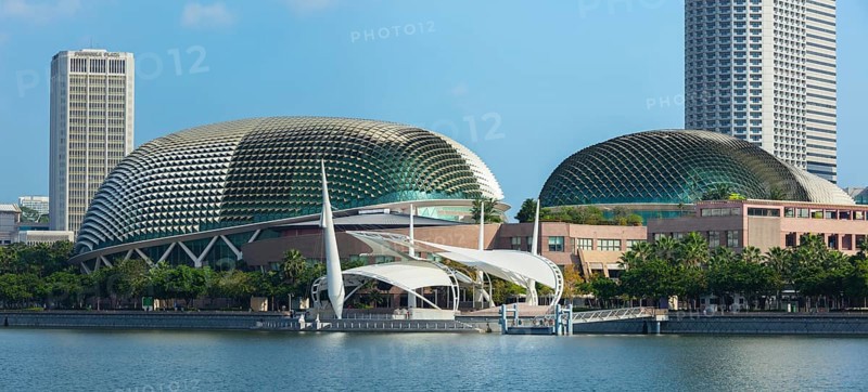 SINGAPORE, MAY 8: Esplanade â?? Theatres on the Bay concert hall (also nicknamed Durian) at Waterfront, Marina Bay on May 8, 2011 in Singapore. The Esplanade is one the worldâ??s busiest arts centres. Panoramic image, Marina, Singapore, Singapore, Asia