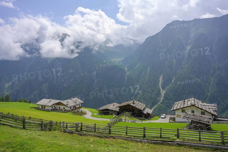 View of the Greithof from the Kandelwaal, Martell, South Tyrol, Italy, Europe