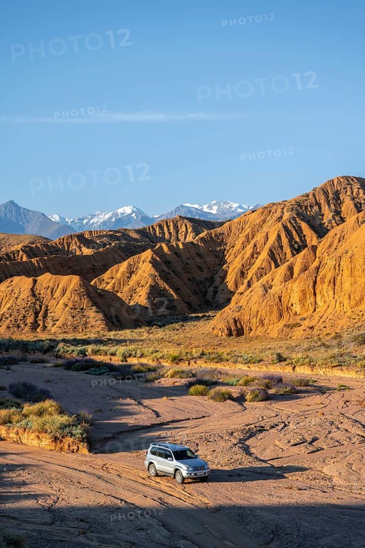 Off-road vehicle driving through a canyon, landscape of eroded hills at sunrise, badlands, white mountain peaks of the Tian Shan Mountains in the background, Canyon of the Forgotten Rivers, Issyk Kul, Kyrgyzstan, Asia