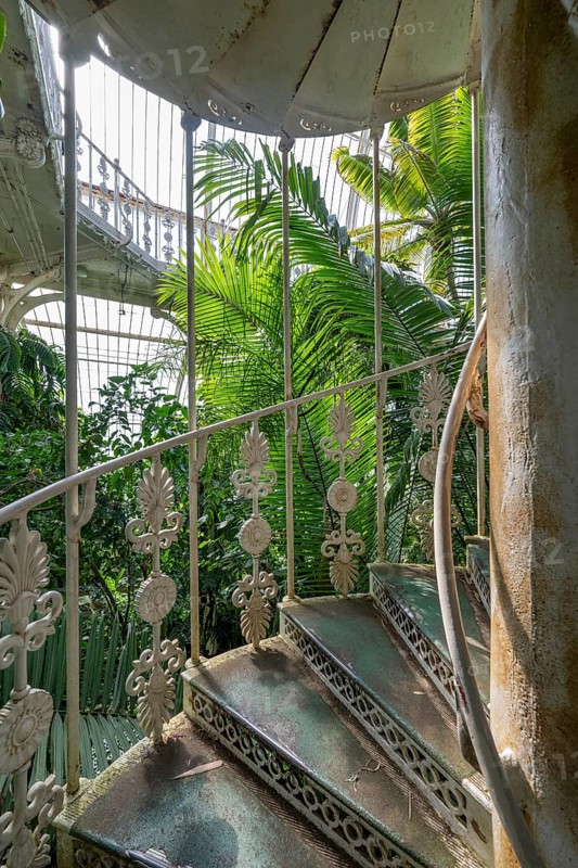 Cast-iron spiral staircase, Palm House, oldest Victorian greenhouse in the world, Royal Botanic Gardens, Kew, London, England, Great Britain