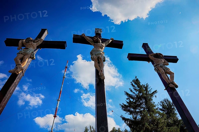 The three crosses on the Kreuzberg near the city of Bischofsheim, Rhön Mountains, Lower Frankonia, Bavaria, Germany, Europe