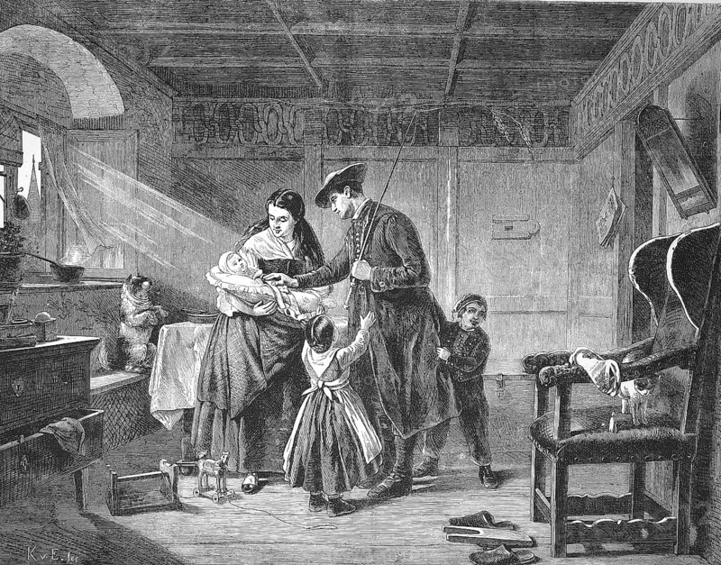 The Return Home, the father returns from a long journey and is greeted by the family, 1869, France, Historical, digitally restored reproduction of a 19th century original, Europe