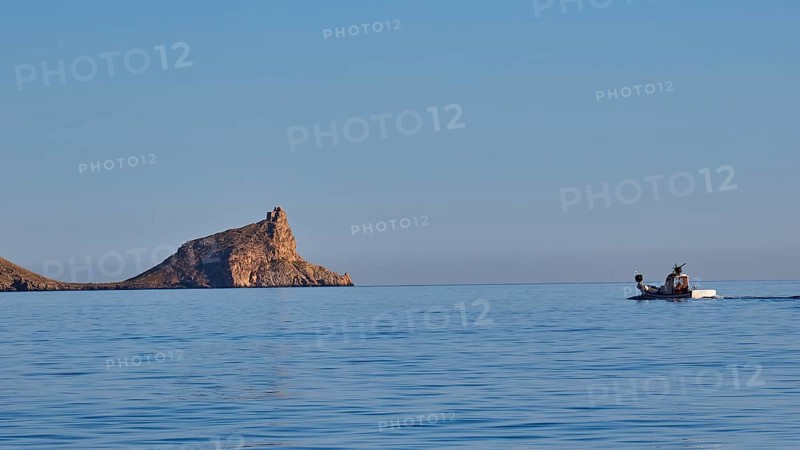 Fishing boat, Castello di Punta Troia, near, harbour, Martettimo town, Marettimo, Egadi Islands, Sicily, Italy, Europe