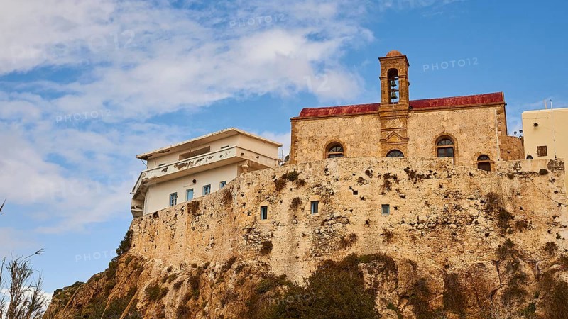 High wall, church, red roof, white outbuilding, Chrissoskalitissa, rock monastery, Orthodox monastery, southwest tip, Chania province, Crete, Greece, Europe