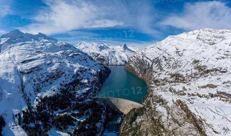 Aerial view over the Zervreila reservoir with the Zervreilahorn in the background, Valsertal, Canton Graubünden, Switzerland, Europe