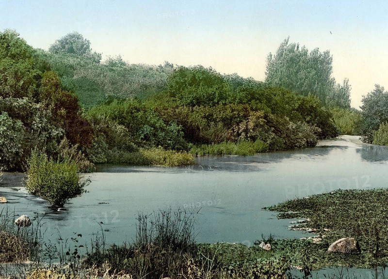 Source of the Jordan, one of the headwaters of the Dan River, Israel, c. 1890, Historic, digitally restored reproduction from a 19th century original, Site of Dan and source of the Jordan, Tel-el-Kadi, Holy Land, 1890, Historic, digitally restored reproduction from a 19th century original, Asia