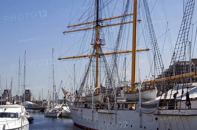 Three-master barquentine Mercator designed by the Antarctic explorer Adrien de Gerlache in the harbour of Ostend, Belgium, Europe
