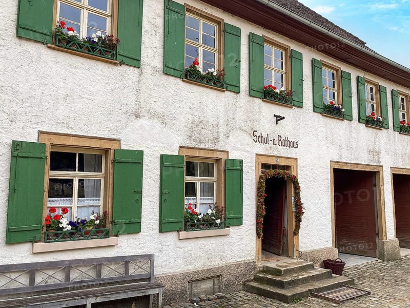 Historic schoolhouse of Bubsheim from 1830 with green shutters rebuilt in the open-air museum Neuhausen, Neuhausen ob Eck, district Tuttlingen, Baden-Württemberg, Germany, Europe