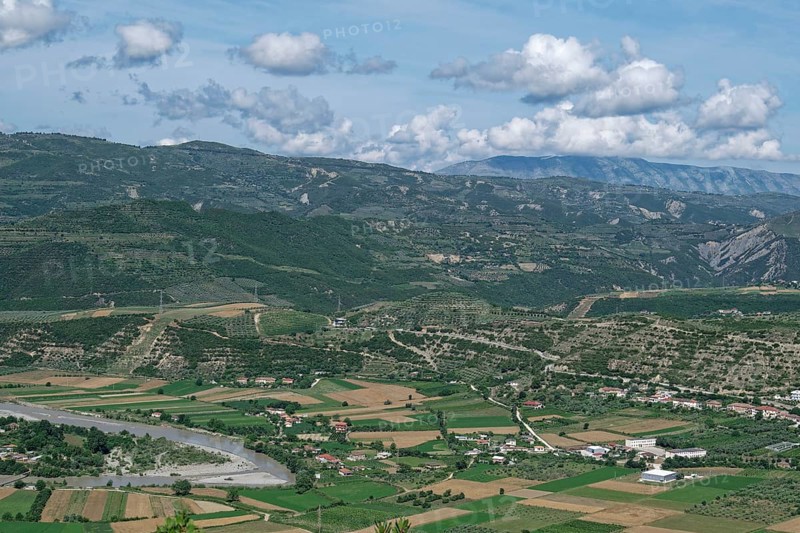 The valley of the Osum River on the western slope of the Tomorr Massif and the southern Albanian mountain landscape in Tomorr National Park, also Tomorri National Park. Berat, Albania, Southeast Europe, Europe