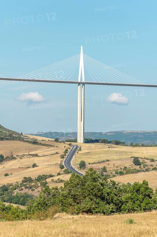 Millau viaduct, cable-stayed bridge over Tarn valley. The highest road bridge in the world. A75 motorway. Aveyron, France, Europe
