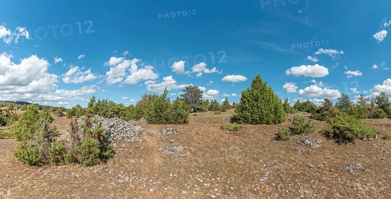Landscape of the causse mejean in summer in the cevennes national park. Unesco World Heritage. Panorama, panoramic. St pierre des tripiers, Aveyron, France, Europe