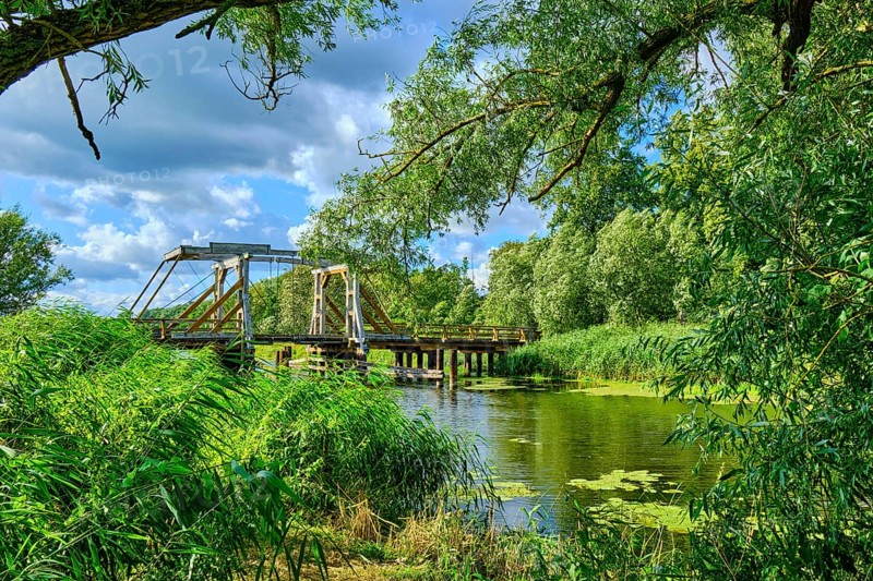 Listed wooden bascule bridge over the Trebel near Nehringen, Mecklenburg-Western Pomerania, Germany, Europe
