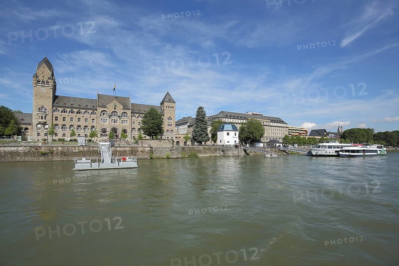 Government building in neo-Romanesque style and gauge house on the banks of the Rhine, quay, pier, ships, Rhine, Old Town, Koblenz, Rhineland-Palatinate, Upper Middle Rhine Valley, Germany, Europe