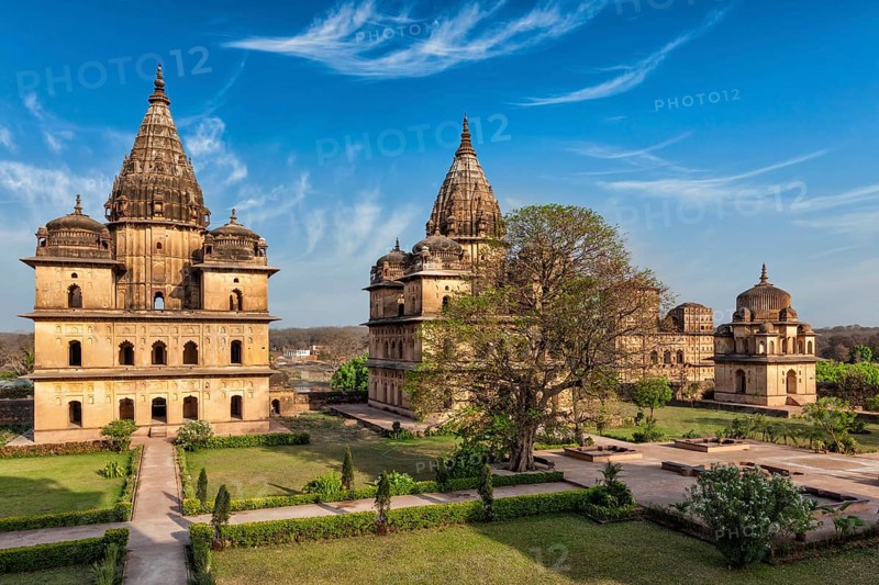 India tourist landmark, royal cenotaphs of Orchha. Orchha, Madhya Pradesh, India, Asia