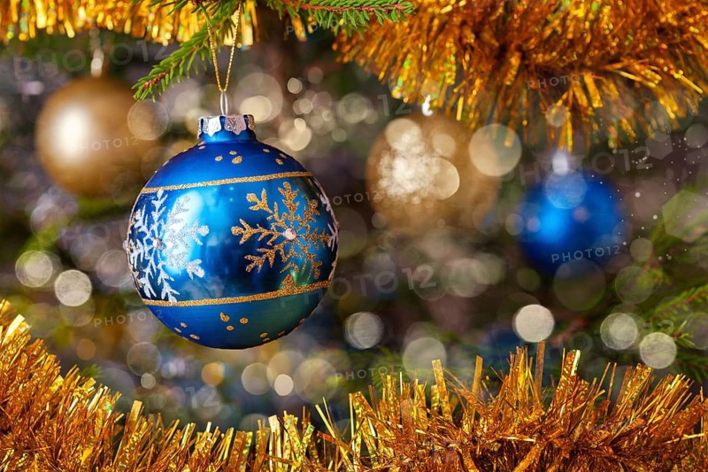 Christmas celebration holiday background, christmas-tree decoration bauble on decorated Christmas tree with defocused blurred lights bokeh and copyspalce