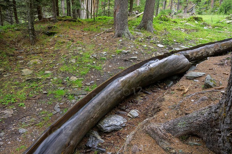 Wooden channel of the Kandelwaal, Martell, South Tyrol, Italy, Europe