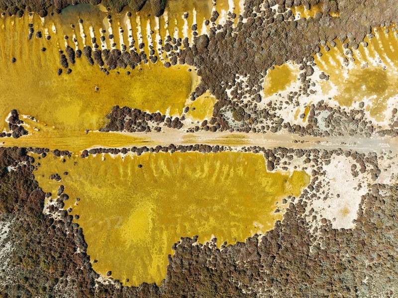 Sandbanks at the shallow lagoon Salinas de Cerrillos, aerial view, drone shot, Almería province, Andalusia, Spain, Europe
