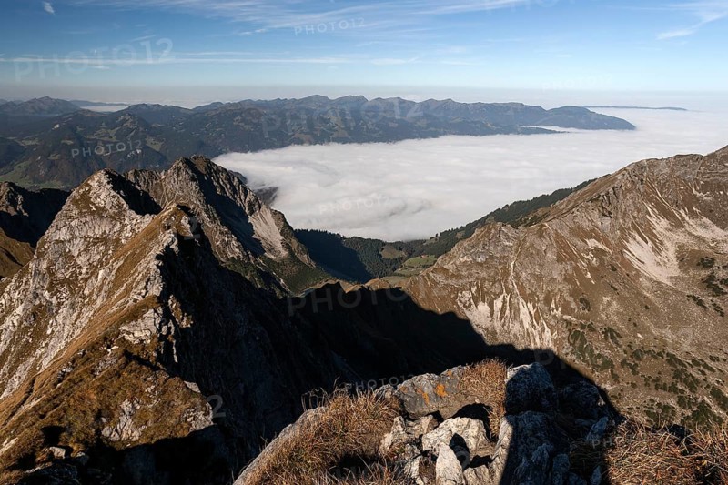 View from Fellhorn to fog in Kleinwalsertal and Illertal, behind Allgäu mountains near Oberstdorf, Oberallgäu, Allgäu, Bavaria, Germany, Europe