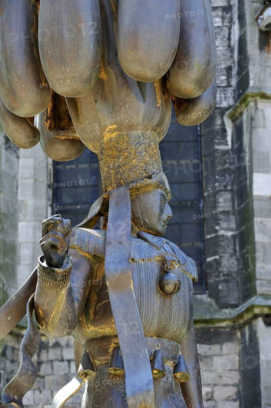 Statue of the Gilles from Binche and Museum of Carnival and Mask, Musée du Carnaval et du masque at Binche, Hainaut, Wallonia, Belgium, Europe
