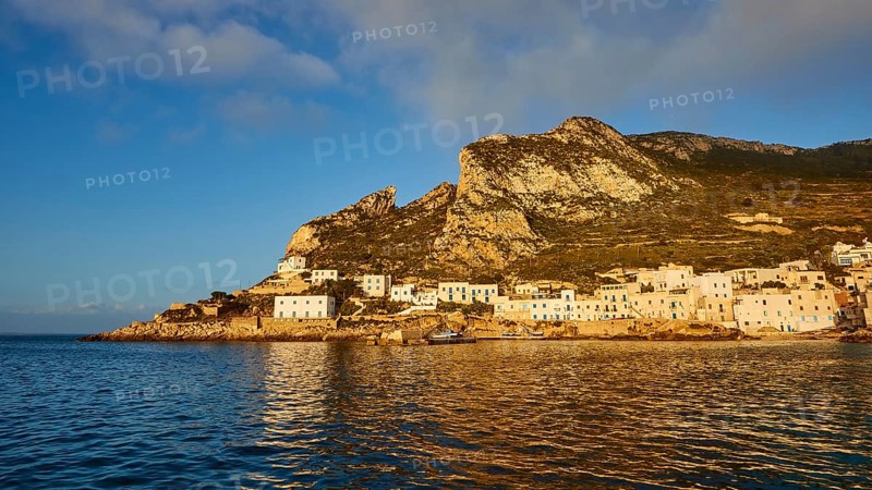 Soft morning light, hill, Levanzo town, main town, blue sky, white clouds, Levanzo, Egadi Islands, Sicily, Italy, Europe