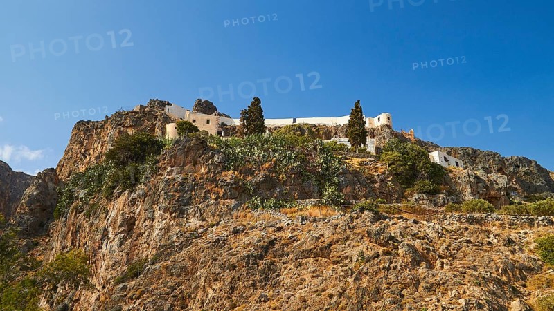 View from below, rock monastery, trees, Kapsa, Orthodox monastery, East Crete, South coast, Lassithi province, Crete, Greece, Europe
