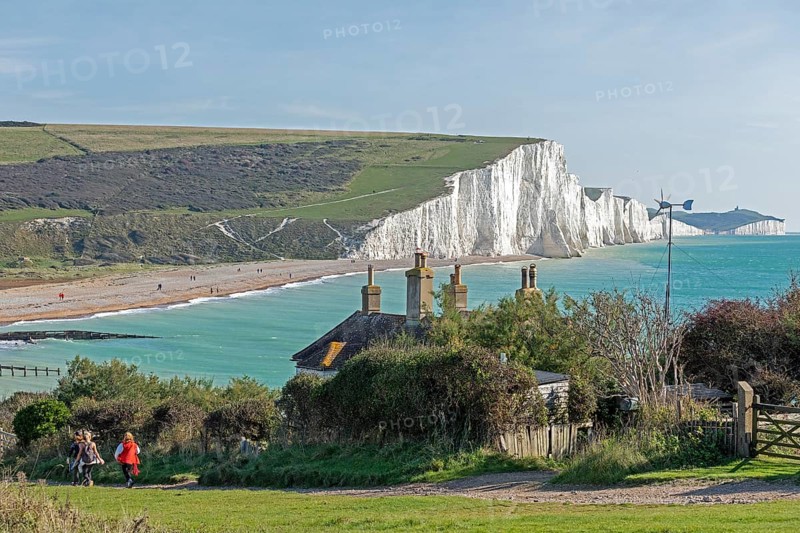 White cliffs, Seven Sisters, beach, house, cottage, Cuckmere Haven, East Sussex, England, Great Britain
