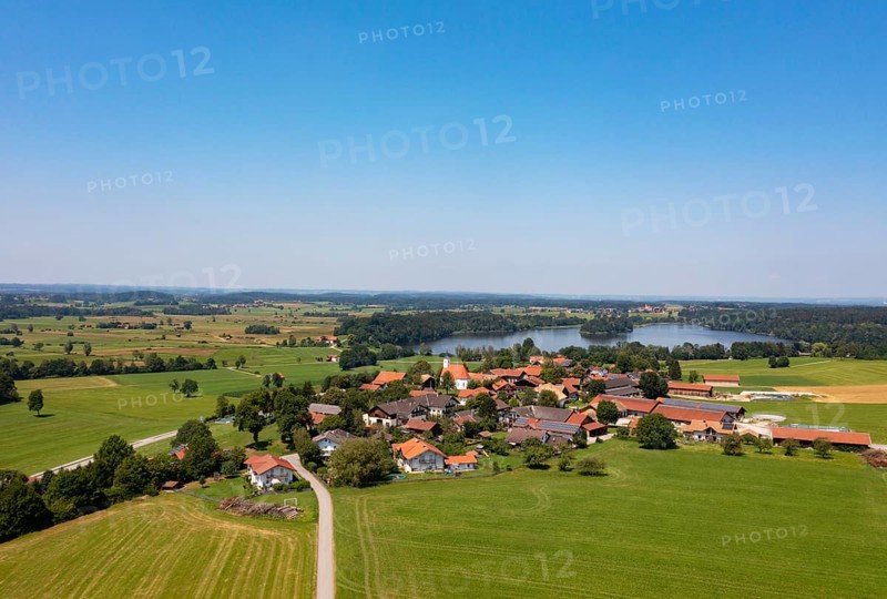 Drone shot, Abtsdorfer See with village Abtsdorf, Rupertiwinkel, Upper Bavaria, Bavaria, Germany, Europe