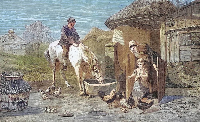 The Farm Gate, Farmer's wife with two children and many animals on a farm, 1869, France, Historic, digitally restored reproduction of an original 19th century painting, exact original date not known, Europe