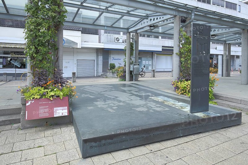 Memorial to Adam Opel 1837-1895 with miniature, model of Opel factory, Adam Opel AG, Löwenplatz, Rüsselsheim, Hesse, Germany, Europe
