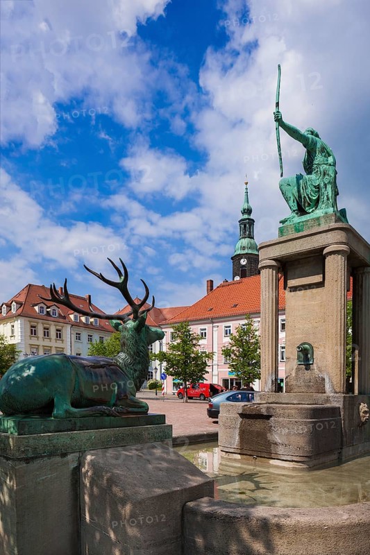 Diana Fountain on the market square in Großenhain, The fountain, crowned with the Greek goddess of the hunt, was inaugurated in 1916 as a reminder of the par force hunts in the fields of Großenhain