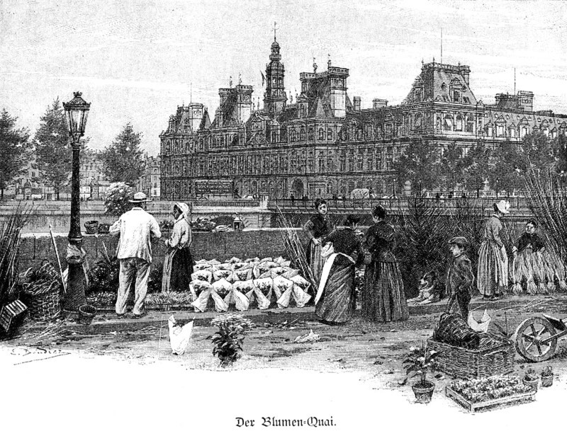 Flowers Quay, Paris, market stall, trade, economy, street, baskets, boy, wheelbarrow, house, lantern, quay, saleswomen, Seine, riverbank, France, historical illustration circa 1898, Europe