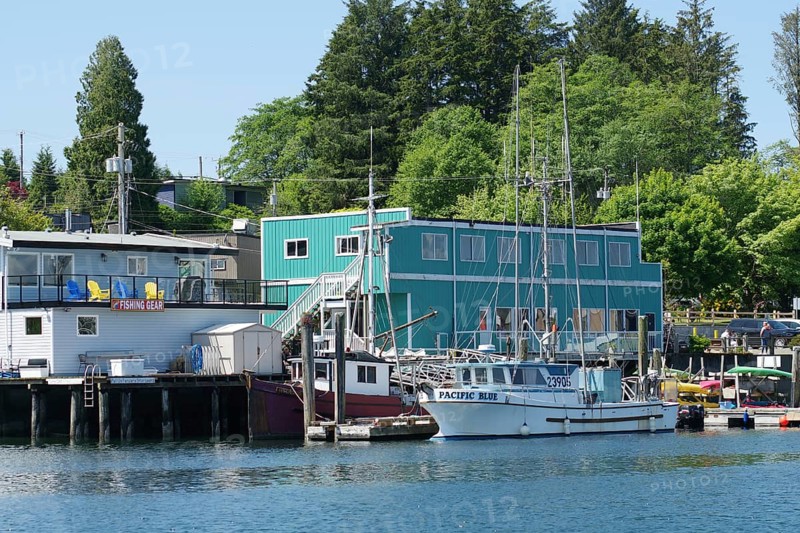 Small boats and wooden buildings, good weather, Ucluelet, Pacific Rim National Park, Vancouver Island, British Columbia, Canada, North America