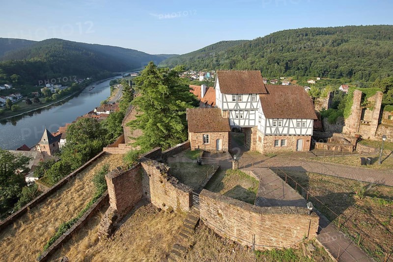 Castle built 1270 with gatehouse and view Hirschhorn am Neckar, Neckar Valley, Odenwald, Hesse, Germany, Europe