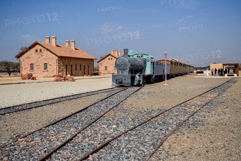 Historic train of the Hejaz Railway in the renovated station of Hegra, Mada'a in Salih, AlUla region, Medina province, Saudi Arabia, Arabian Peninsula, Asia