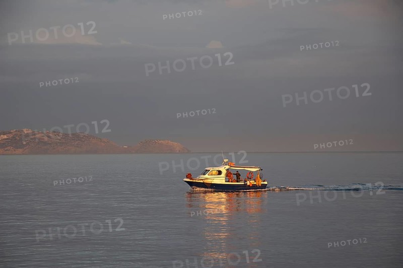 Morning light, cloudy sky, fishing boat, harbour, Heraklion, capital, island of Crete, Greece, Europe