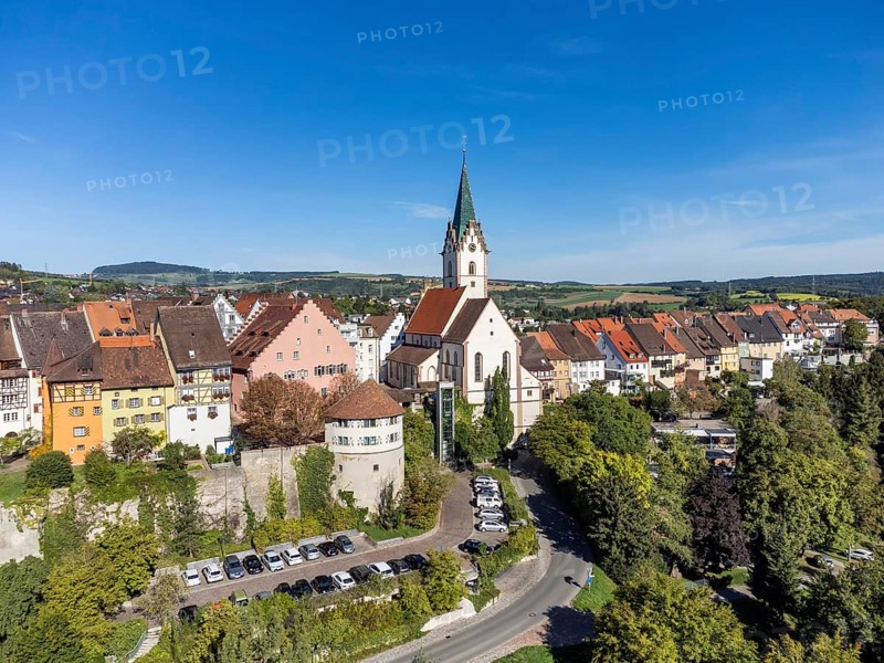 Aerial view of the town of Engen with the Church of the Assumption of the Virgin Mary, Constance district, Baden-Württemberg, Germany, Europe