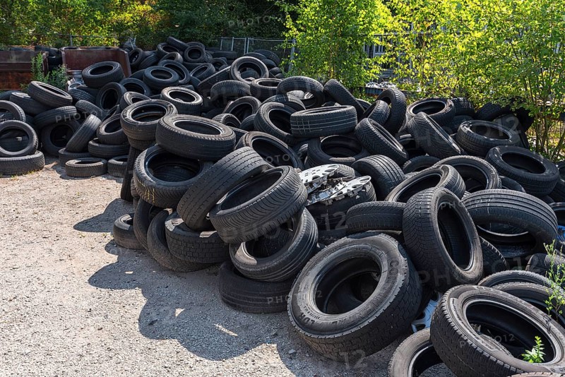 Collected car tyres on a scrap yard, Bavaria, Germany, Europe