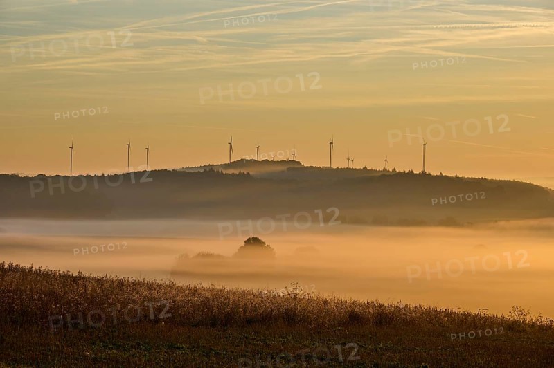 Landscape, fields, wind turbines, fog, sunrise, Höhefeld, Wertheim, Baden-Württemberg, Germany, Europe