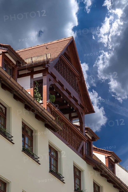Dormer window on a historic residential and commercial building, Hintere Ledergasse 43, Nuremberg, Middle Franconia, Bavaria, Germany, Europe