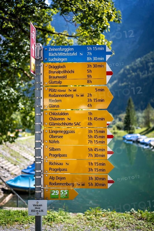 Hiking trail signs with symbols for different levels of difficulty, Klöntal, Canton Glarus, Switzerland, Europe