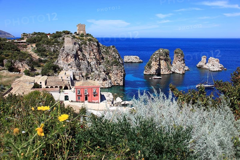 Province of Trapani, the Tonnara of Scopello and watchtower on the Tyrrhenian Sea near the town of Castellammare del Golfo, Sicily, Italy, Europe